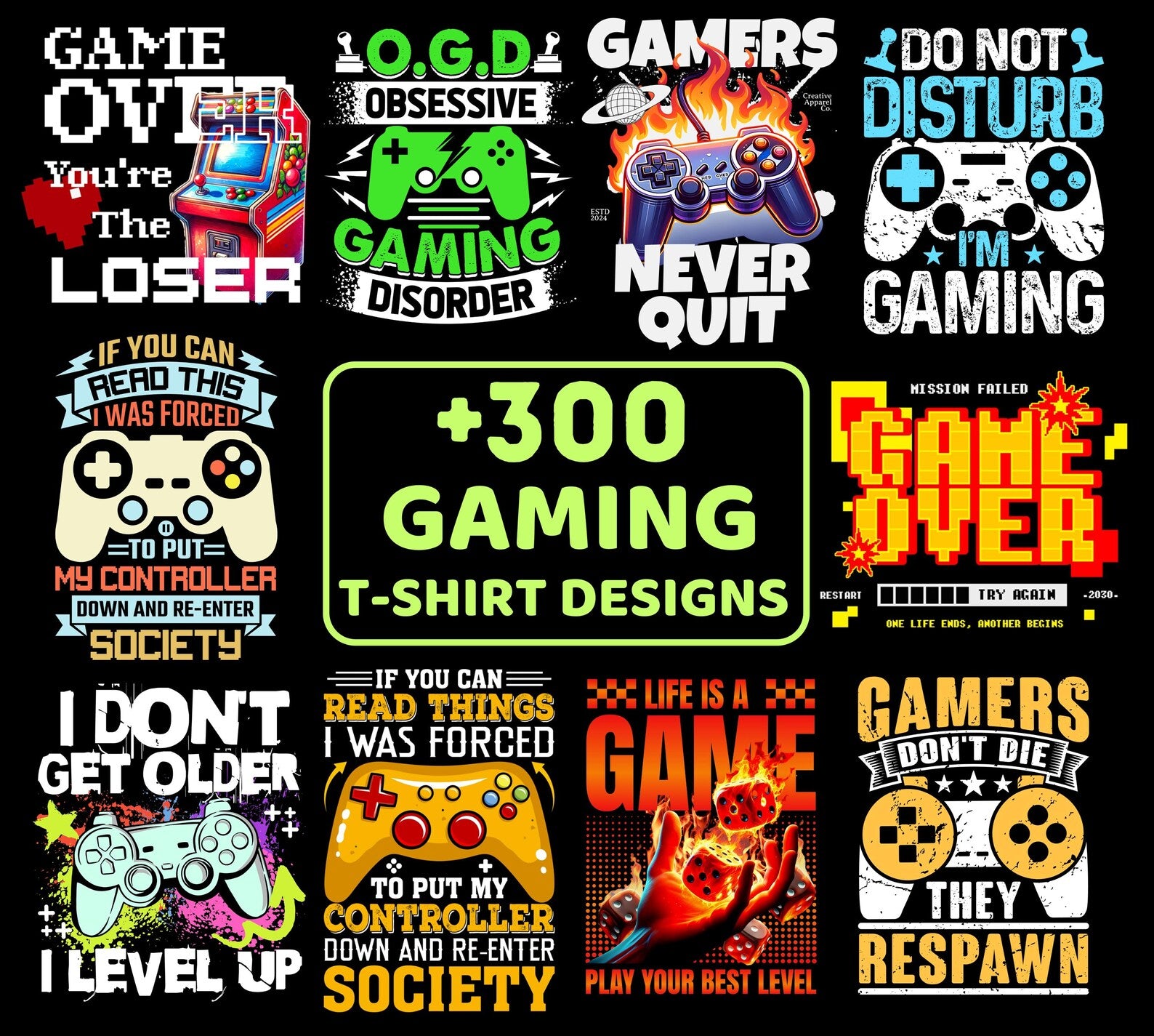 Gaming Clipart PNG Bundle | Gamer Graphics, Controller Designs & T-Shirt Print Pack for POD
