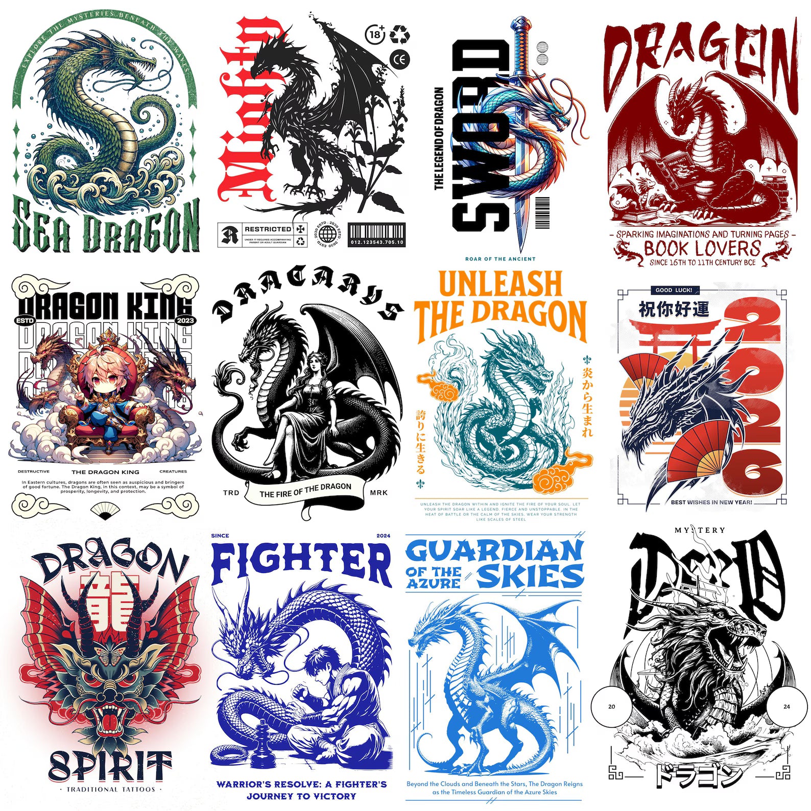 400+ Dragons & Samurai Streetwear PNG Bundle | Urban Japanese Graphic T-Shirt Design Pack for POD