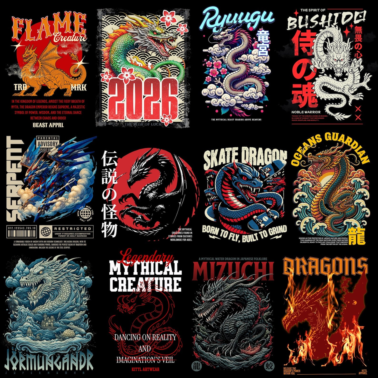 400+ Dragons & Samurai Streetwear PNG Bundle | Urban Japanese Graphic T-Shirt Design Pack for POD